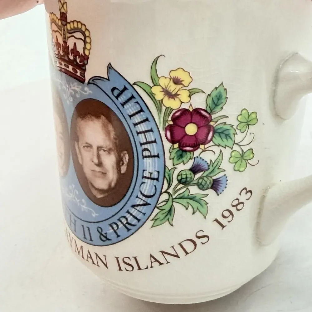 Vintage 1983 QUEEN ELIZABETH II Visit to the Cayman Islands Souvenir Mug - RARE